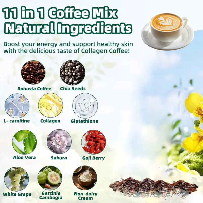 Indulge in a Guilt-Free Coffee Experience with 10/20 Pcs Sugar-Free 11-In-1 Robusta Collagen Coffee Sachets - A Smooth, Rich Daily Bean Blend Infused with Chia Seeds and Goji Berries for Ultimate Wellness!
